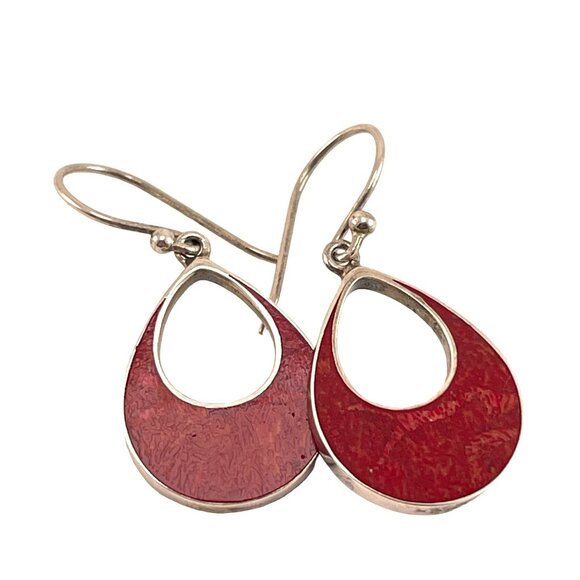 Natural Red Coral Sterling Silver Tear Drop Earrings 925 - Picture 1 of 6